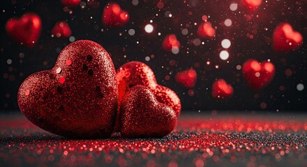 Red glittering hearts on a sparkly dark background with floating bokeh hearts. Love, Valentine's Day, or romantic celebration.