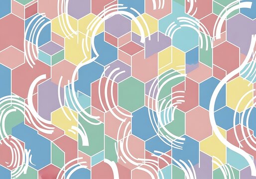 Pastel honeycomb dreamscape with swirling white lines, a geometrically soft and modern abstract art pattern that is