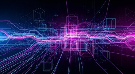 A vibrant blue digital pulse travels through a complex and futuristic circuit board representing data and technology