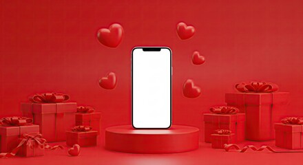 Valentine's Day app promotion. Single phone with blank screen and presents on a red stage for digital love concept.