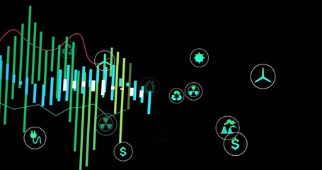 Left green bars and plug appearing, bars extending right, icons sliding in, lines mapping trends - Powered by Adobe