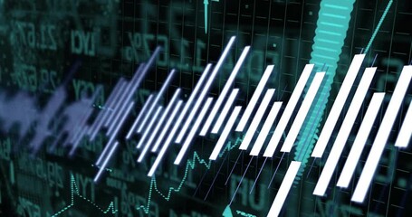 On start white bars sliding, dotted line undulating and teal arrow rising, showing market data - Powered by Adobe