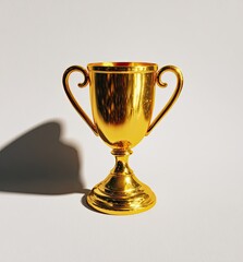 Shiny, golden trophy stands on white surface with a strong shadow cast beside