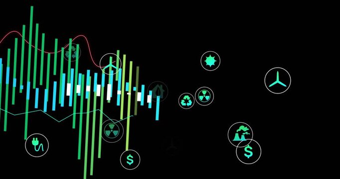 Left green bars and plug appearing, bars extending right, icons sliding in, lines mapping trends