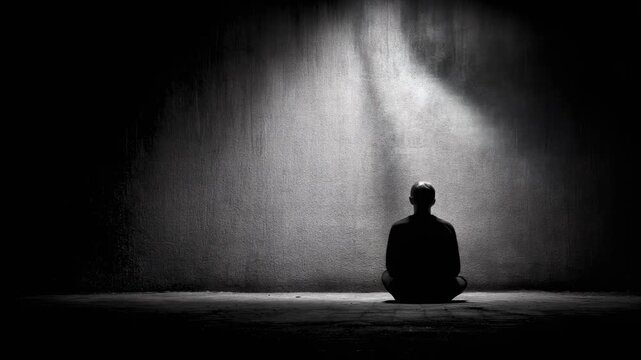 Contemplative figure in a dark space, symbolizing solitude and introspection in a minimalist setting