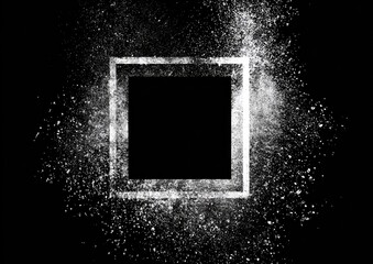 Two white squares surrounded by splattered light particles on a black background