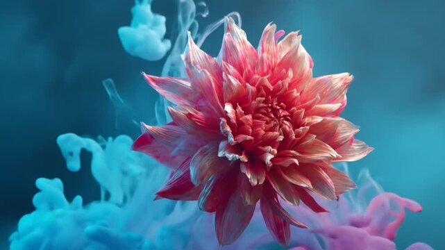 Vibrant Pink Dahlia Flower Submerged in Water with Colorful Blue and Pink Ink Clouds Dispersing, Abstract Art