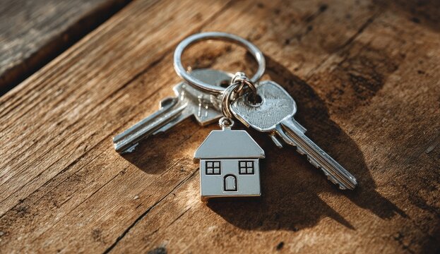 Keys with house-shaped charm atop rustic wood, sunny, angled perspective