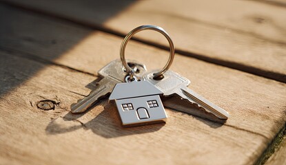 Keys with house-shaped keychain on wood, bathed in warm light and shadow
