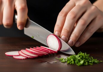 Radish slicing demonstration on wooden board with precision knife work