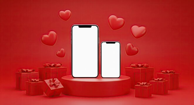 Valentine's Day technology display. Digital love concept with empty phone screens, presents, and floating heart shapes. - Powered by Adobe