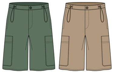 mens adjustable waist twill cargo shorts flat sketch vector illustration technical cad drawing template