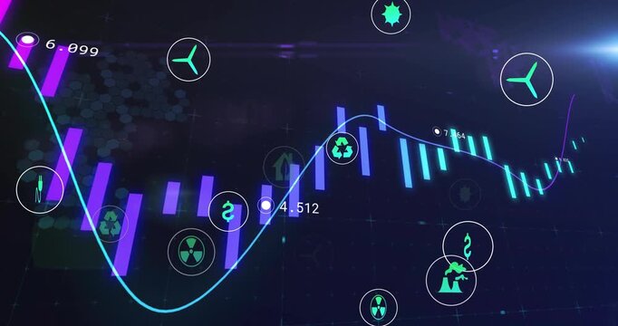 Animated chart showing teal line crossing bars causing oscillation and icons drifting to monitor