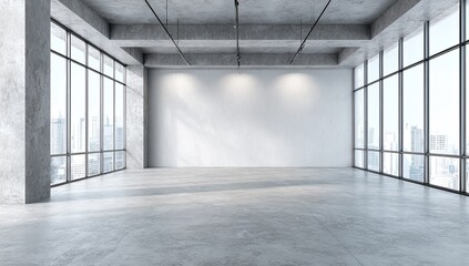 Empty room w/ concrete walls/floor, tall windows overlooking city skyline