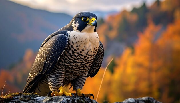 Peregrine falcon perched on a rock, fall foliage creating a vibrant, blurred background