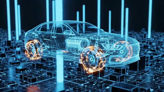 Futuristic blueprint of a car with engine and glowing wheels, on a digital circuit board.