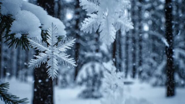 Beautiful Snowflake Falling on Pine Tree Branch in Snowy Forest.