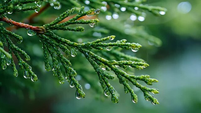 Close-up of green cedar branch with fresh clear water droplets