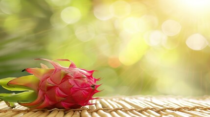 Bright Pink Dragon Fruit Lying on Bamboo Mat with Green Blurred Background