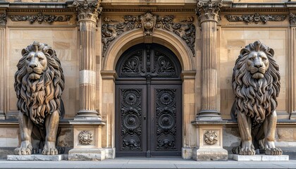 Ornate building entrance flanked by regal lion statues, detailed carvings and architectural columns define the space