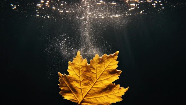 Autumn Maple Leaf Sinks Underwater with Bubbles and Light Rays.