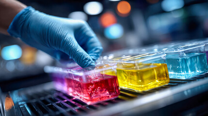 Gloved hand handling organized rows of colorful laboratory vials filled with glowing liquids