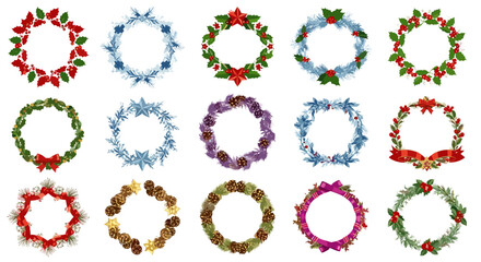 Collection of fifteen festive christmas wreaths with various decorations
