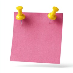 Pink square memo pinned by two yellow pushpins, on white background