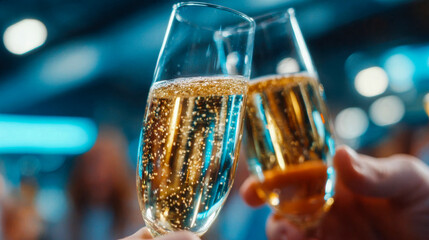 Woman holding a sparkling champagne glass during a sunset gathering, symbolizing elegance and celebration