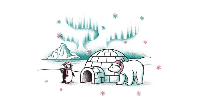 Illustration of a penguin and polar bear near an igloo under aurora borealis