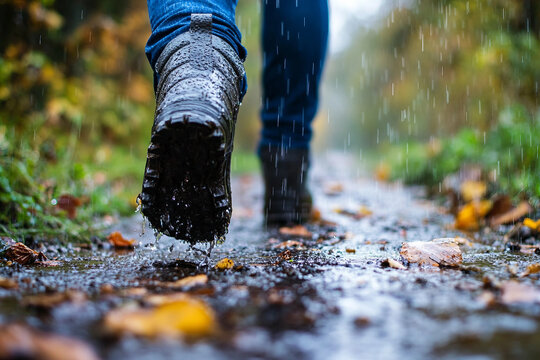 Generative AI image of solitary person walking alone in rain urban city park street