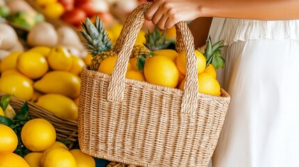 Fresh lemons in a woven basket at a local market surrounded by abundant produce