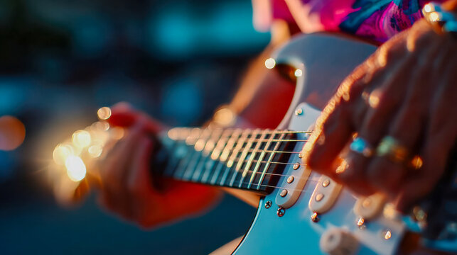 Close-up of musician hands playing an acoustic guitar outdoors with warm sunset bokeh in the background