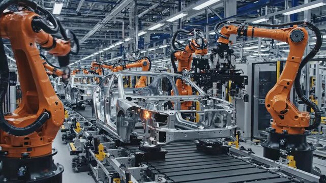 Futuristic robotic arms welding car chassis on an automated assembly line in a modern factory