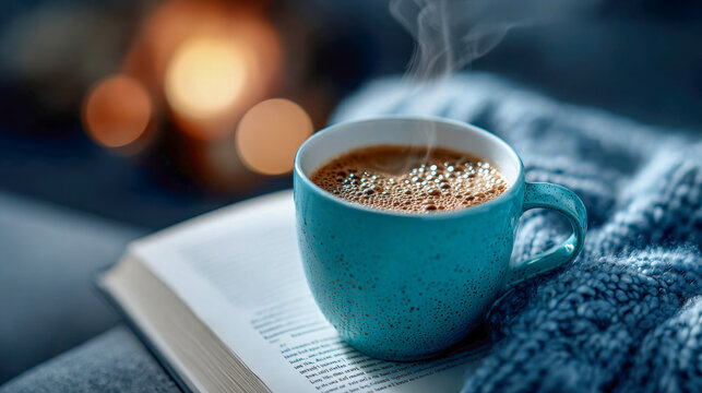 Cozy scene with a steaming cup of coffee resting on an open book beside warm, soft lighting and winter textures