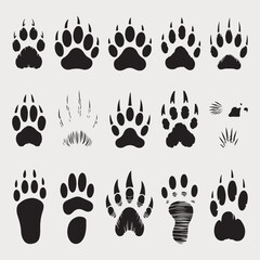 Collection of diverse animal paw prints and foot tracks, a vector illustration set showcasing various wild and domestic animal footprints