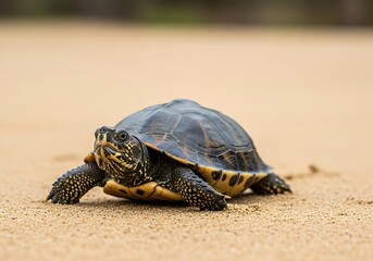 Solitary turtle gracefully navigating the expanse of sandy beach landscape near ocean shore