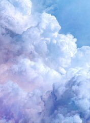 Fluffy clouds with dreamy soft blue and pink hues fill a sky