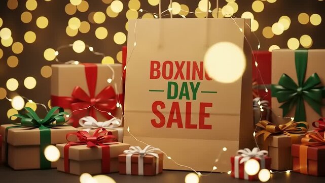 Boxing Day Sale Presents Gift Bags with Holiday Shopping, and Festive Lights Background. - Powered by Adobe