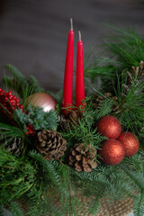 Winter Holiday Centerpiece With Pine Branches, Candles and Natural Decor