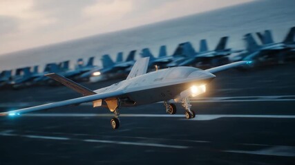 509High-detail shot of drone nose lifting off carrier runway, engine exhaust glowing, aircraft carrier deck lights and naval equipment in background, advanced unmanned aerial vehicle