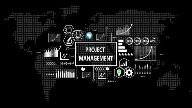 A successful business project management concept. Business, Technology, Internet and network concept ,Abstract technology symbols on World Map Background.
