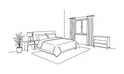 Minimalist Bedroom Interior – Continuous Line Art Vector Featuring Bed, Lamp, Plant, Curtains, Window, Rug, and Dresser in Modern Home Design