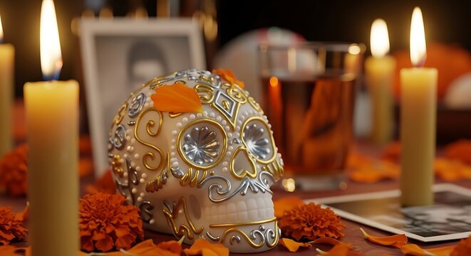 Day of the dead altar with sugar skull and burning candles