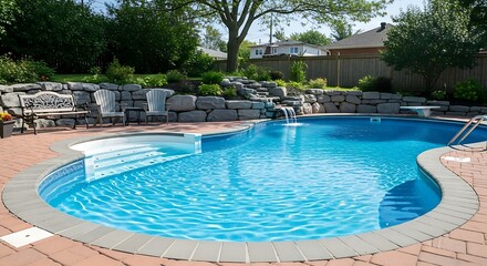 Swimming pool with waterfall and stone wall in a backyard garden