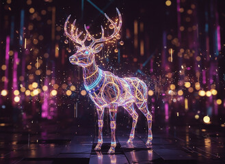 A glowing reindeer made by lights with garlands between the horns and little baubles