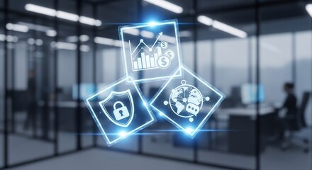 Futuristic Business Icons: Growth, Security, Global Communication in Modern Office