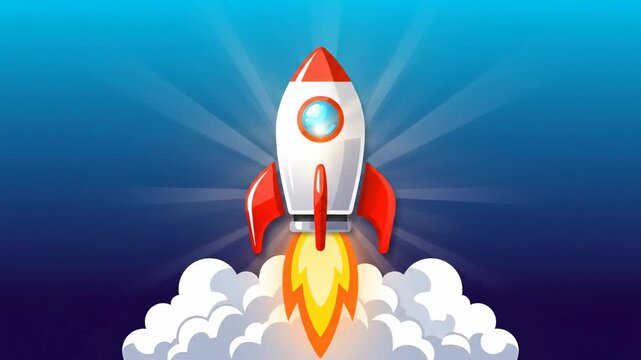 Cartoon Rocket Launching into Space with Bright Flames and Smoke.