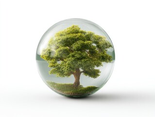 Tree in a clear glass sphere on a white surface