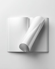 Opened book with white pages, one curled over, against a white background